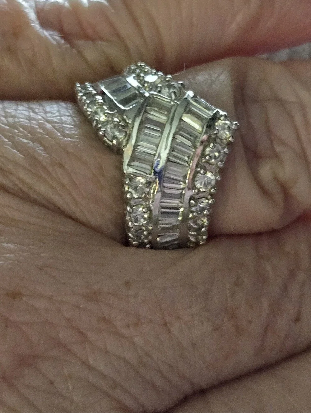 Sterling Silver CZ Round And Baguette Crossover Ring
